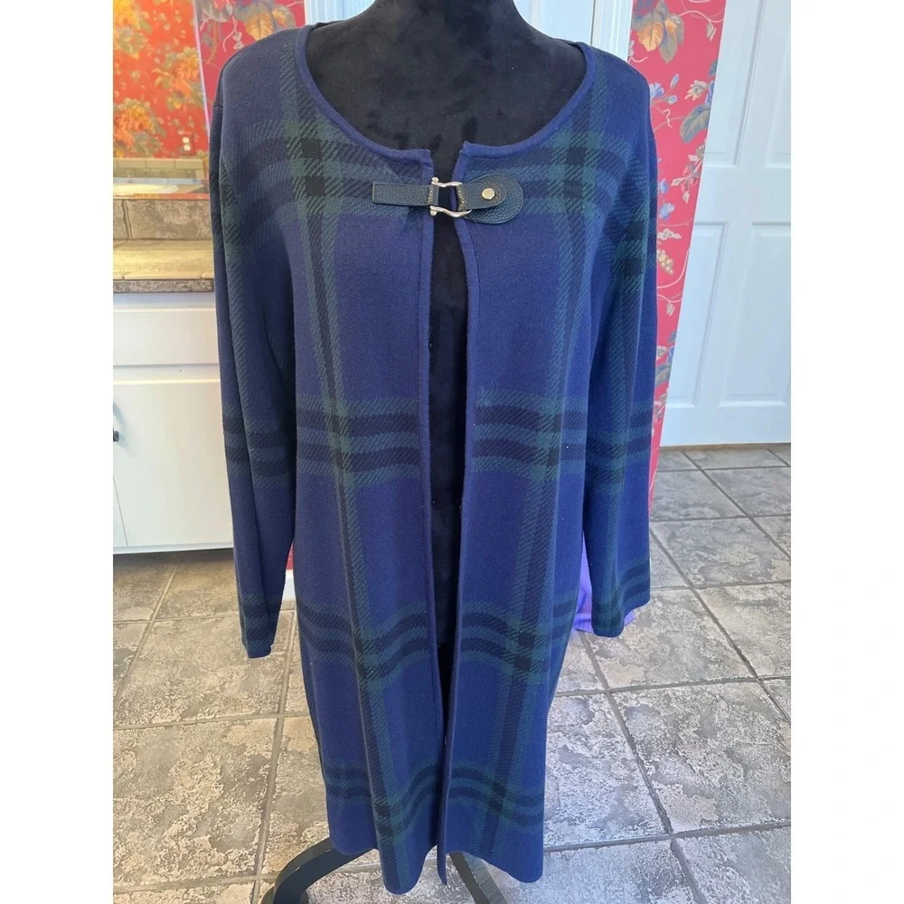 Anne Klein Navy Blue Green Plaid Longline Cardigan Sweater Buckle Closure‎ RG